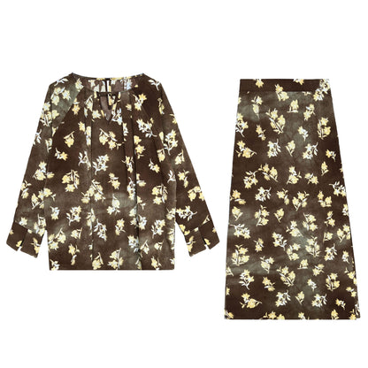 French high-end long-sleeved floral shirt + A-shaped split skirt two-piece set of relaxation suit for women