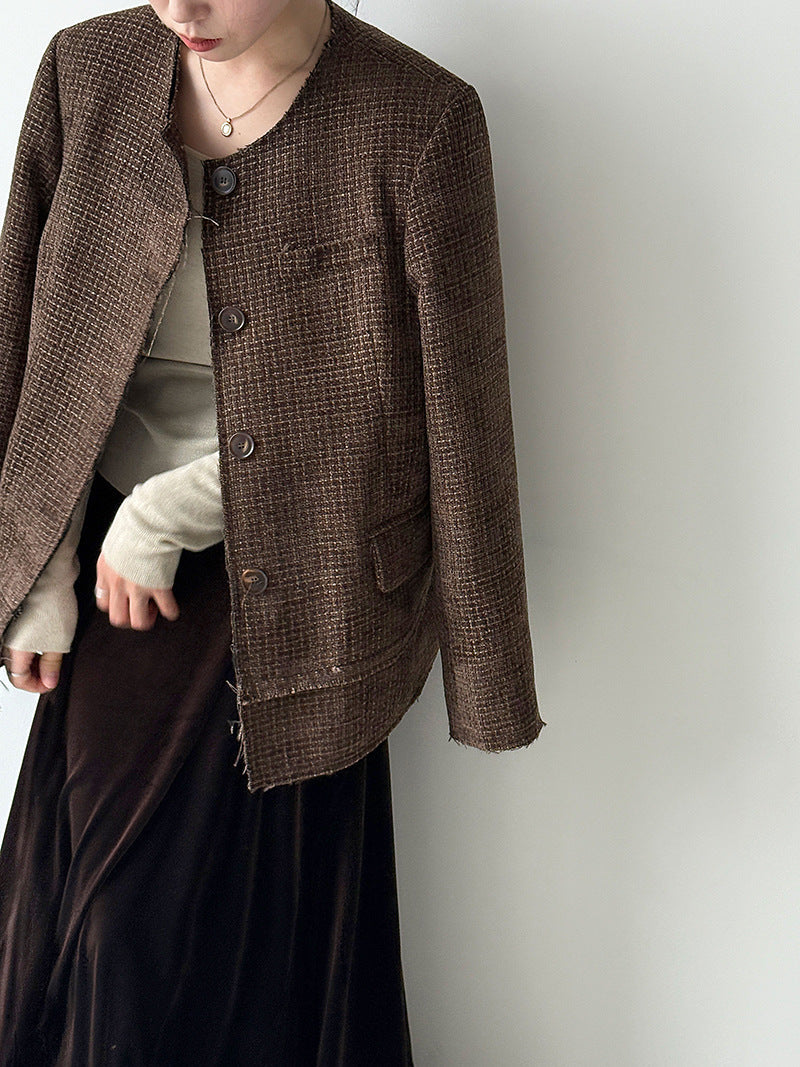 Korean round neck small fragrant jacket for women's autumn new heavy industry high-end tweed short suit