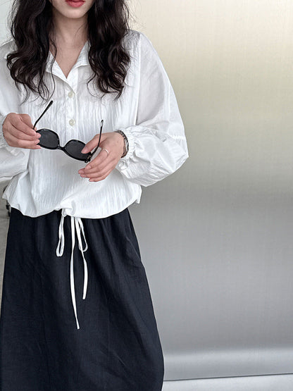 Early autumn new Korean casual pullover lapel shirt women's loose hem drawstring waist top