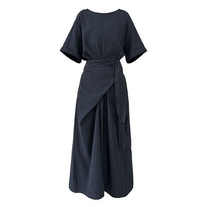 Niche design cross-strap short-sleeved dress spring and summer new waist and thin A-shaped long dress