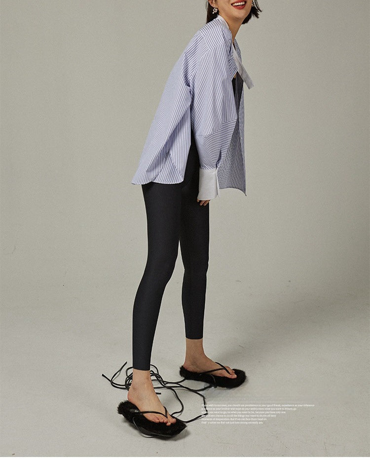 Spring and summer new top design sense niche chic casual cotton round neck tea striped shirt