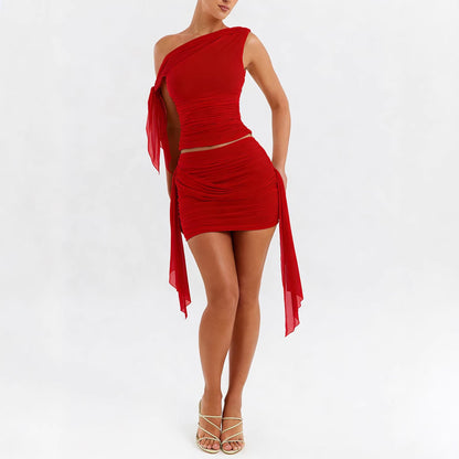 Sleeveless Two-Piece Set Women Pleated Mesh Splicing Skirt Suit