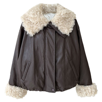 Large lapel lamb wool short thickened leather jacket women's winter three-star 90 white duck down parker down jacket
