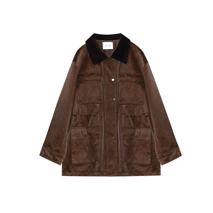 Women's Multi-Pocket PU Leather Lapel Long Sleeve Workwear Jacket
