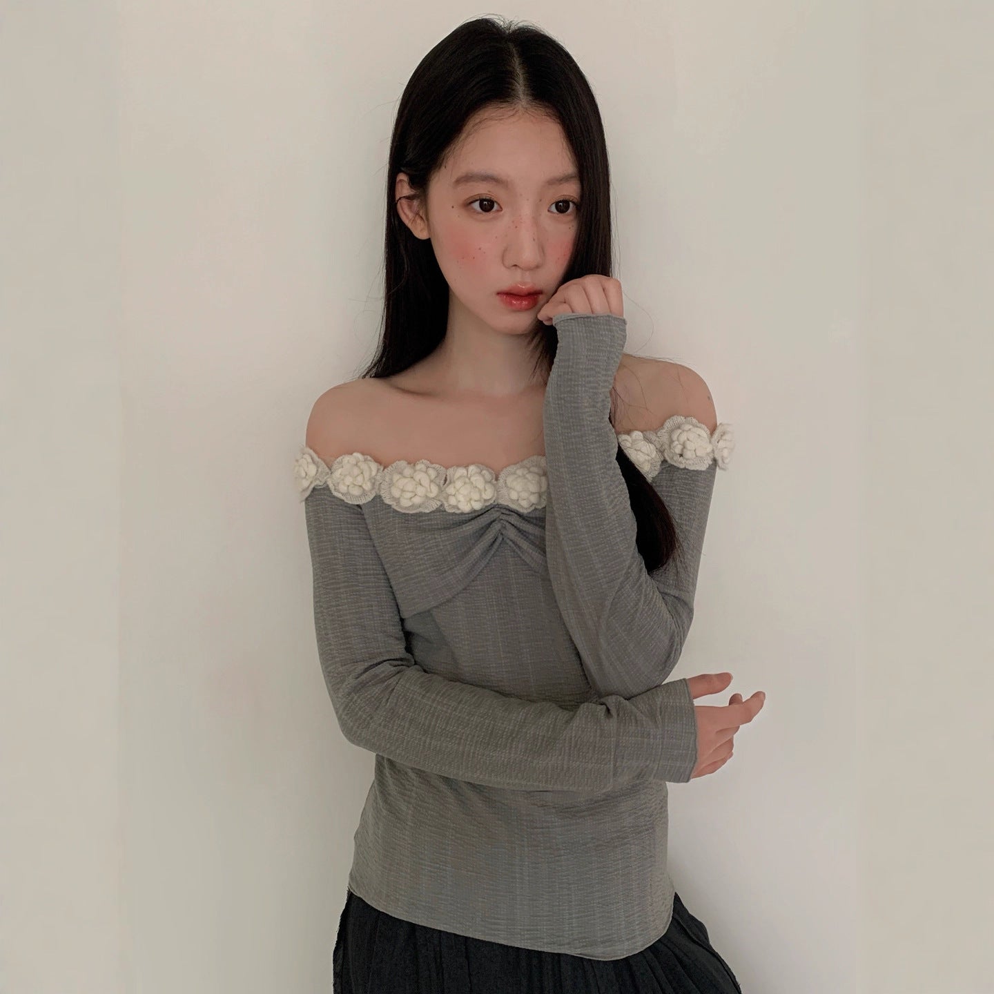 3D Floral Off-Shoulder Top – Sweet One-Shoulder Long Sleeve Blouse