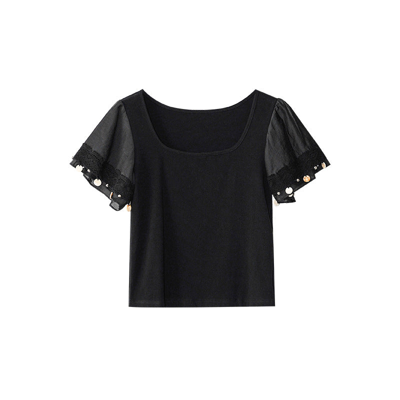 Versatile short-sleeved T-shirt slimming square neck lace trim top