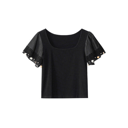 Versatile short-sleeved T-shirt slimming square neck lace trim top