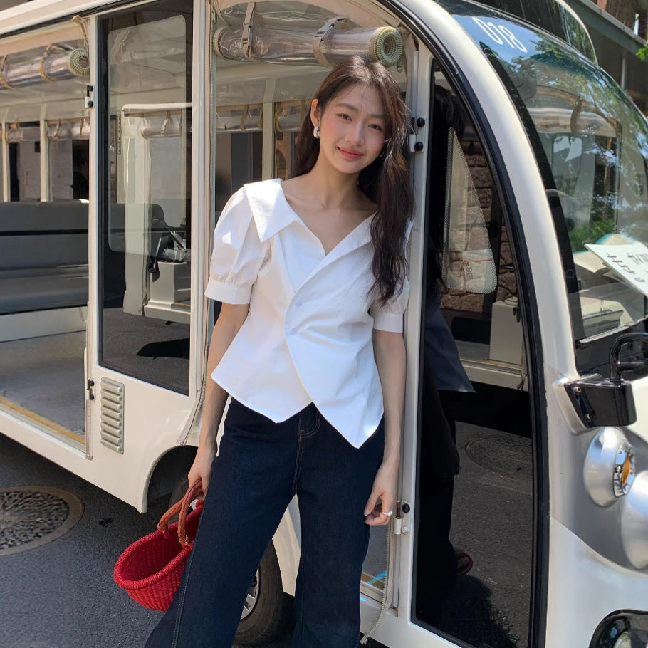 Summer French temperament lapel irregular diagonal buckle waist thin shirt