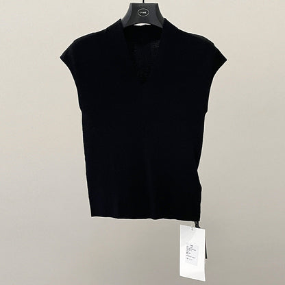 Spring and summer minimalist and versatile muscle-building V-neck slim-fitting and thin small flying-sleeved knitted sweater