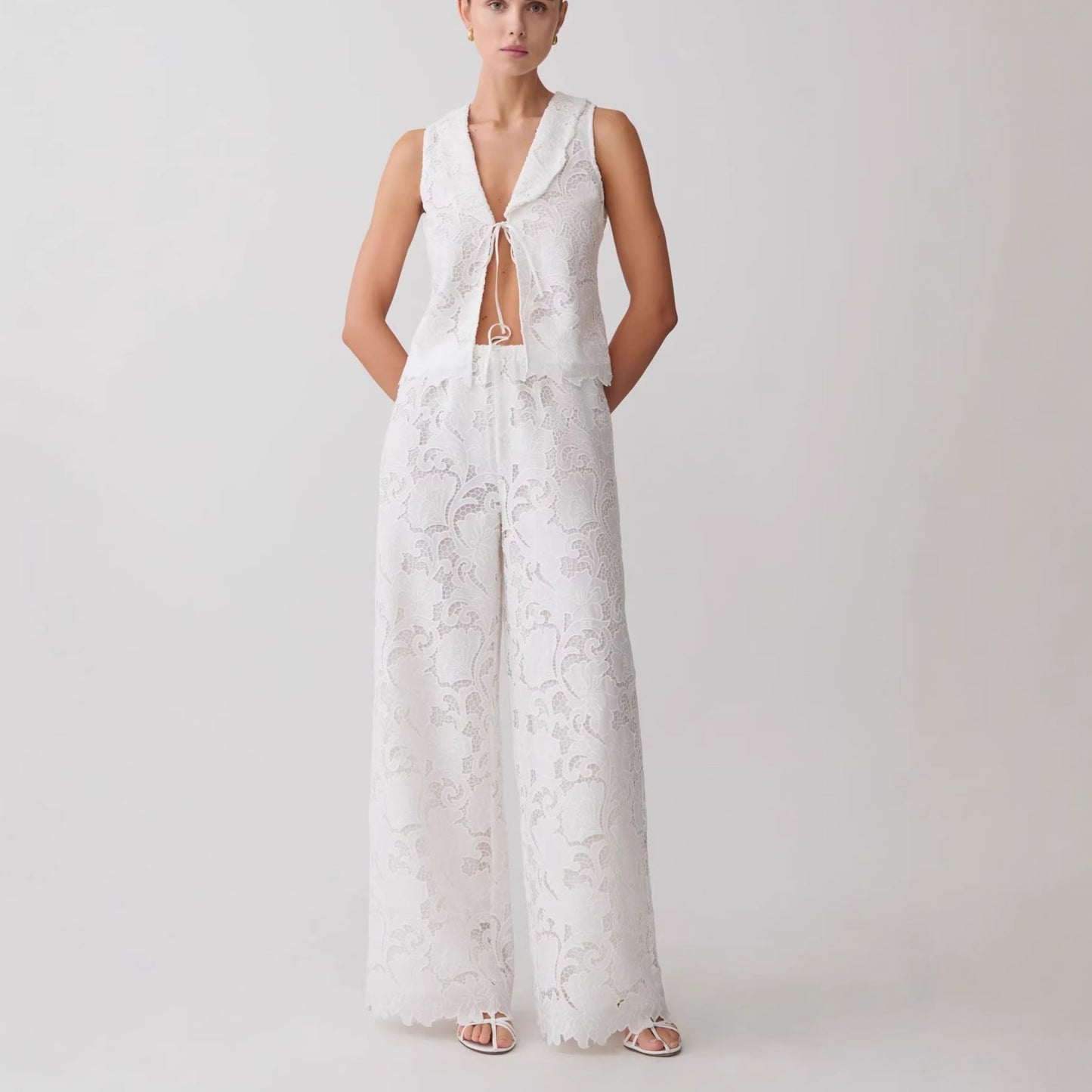 Hollow lace lace-up sleeveless vest wide-leg pants set waist and thin temperament two-piece set