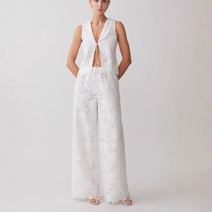 Hollow lace lace-up sleeveless vest wide-leg pants set waist and thin temperament two-piece set
