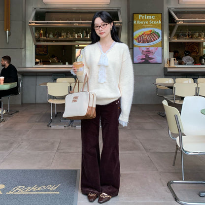 Embroidered Corduroy Flare Pants – Retro High Waist Women's Trousers