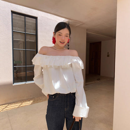 Sweet white ruffle design long-sleeved shirt