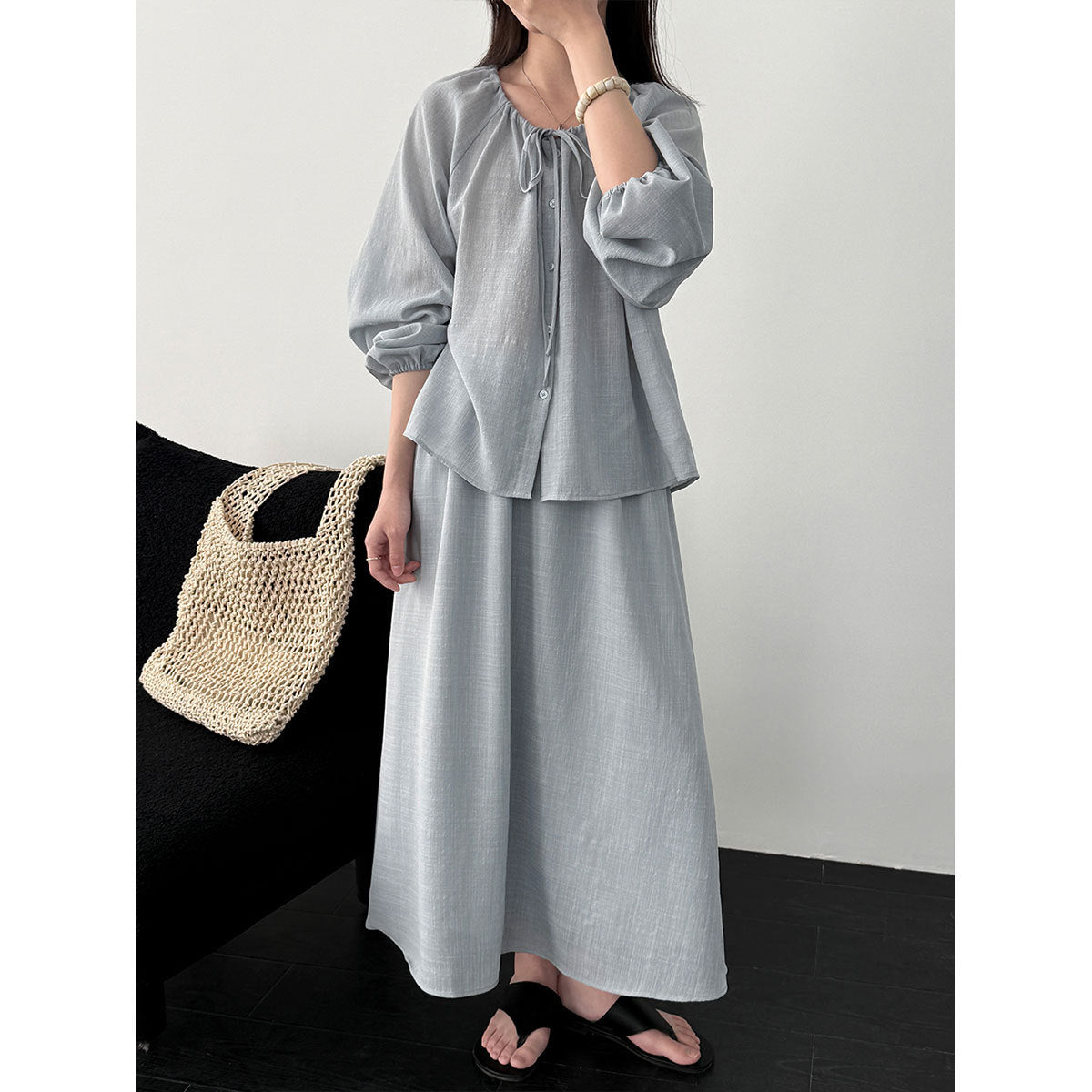 Korean gentle wind drawstring shirt + drape A-shaped skirt women's 26 spring new commuter suit