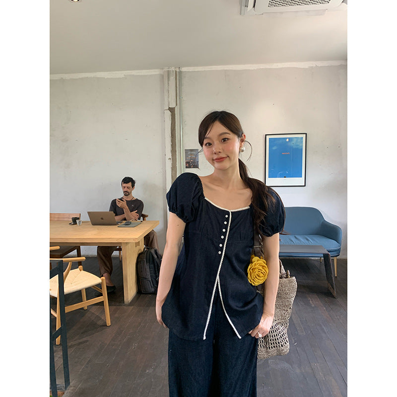 Contrast Denim Square Neck Top