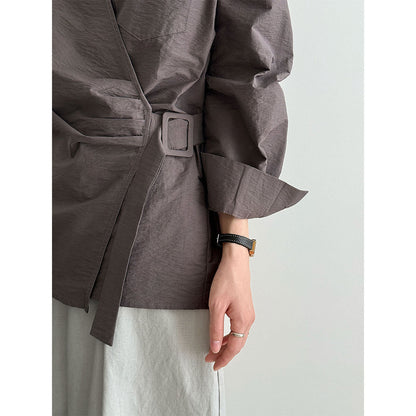 French design sense irregular cross strap shirt women's autumn new niche pleated top