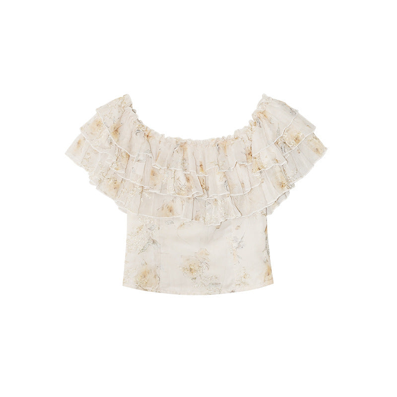 Sweet age reduction two wear ruffle leaf edge splicing floral shirt