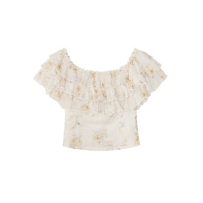 Sweet age reduction two wear ruffle leaf edge splicing floral shirt
