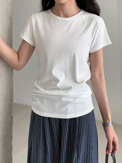 Korean version strap waist T-shirt women's summer new casual round neck versatile short-sleeved front shoulder top