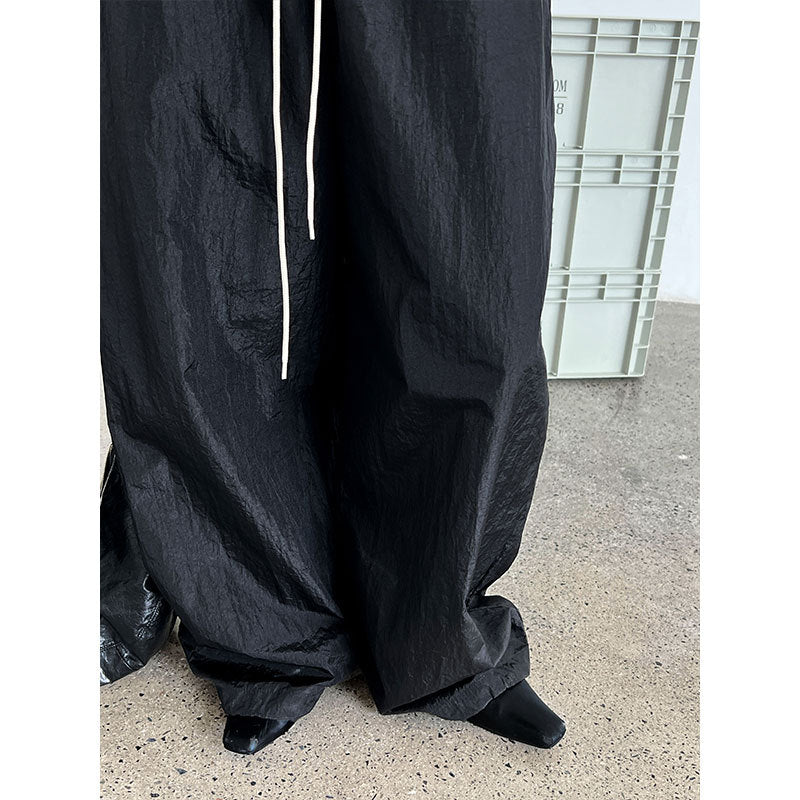 American street style glossy pleated casual pants women's summer new high-waisted sickle overalls