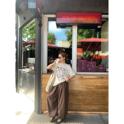Age-reducing loose linen crew neck dropped shoulder short sleeve print T-shirt