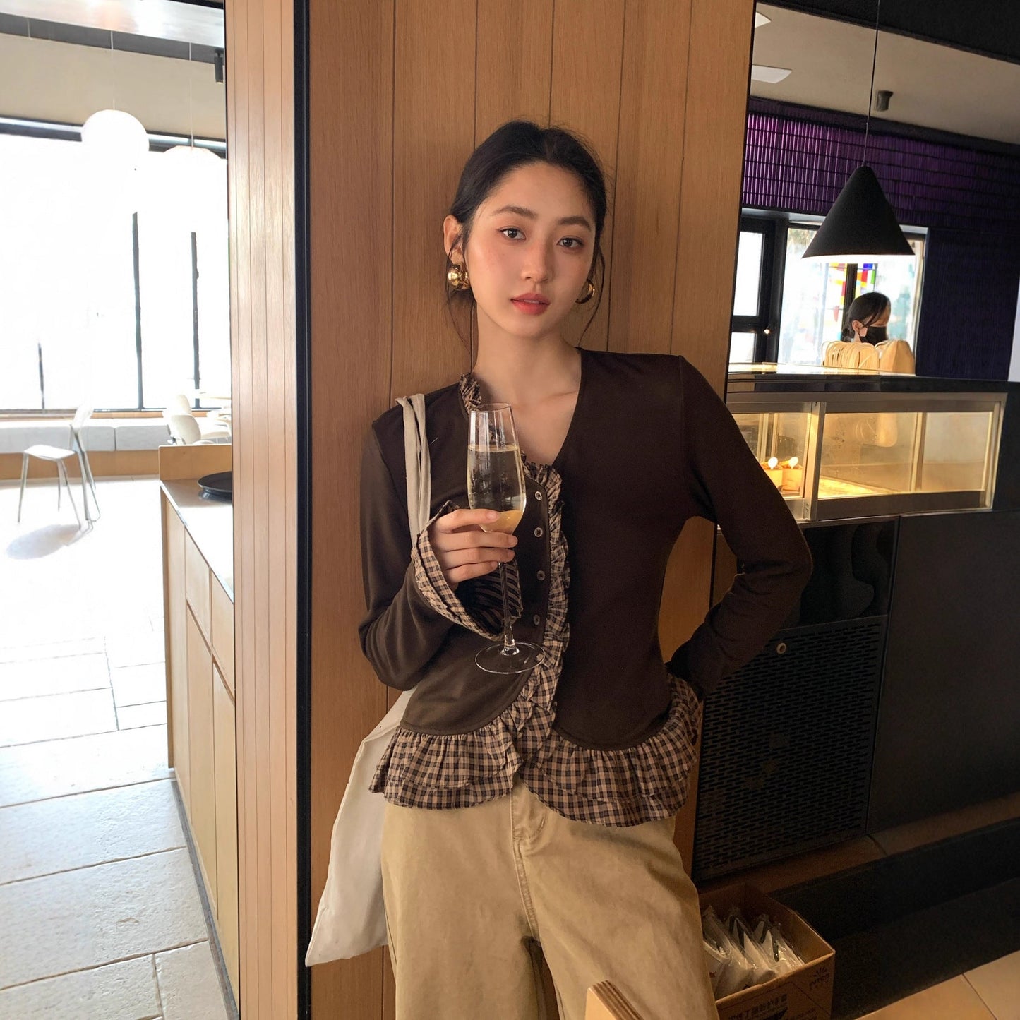 Vintage niche design sense fake two plaid ruffle shirt