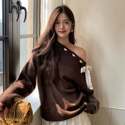 Atmospheric leopard print strap design diagonal neck off-the-shoulder sweater
