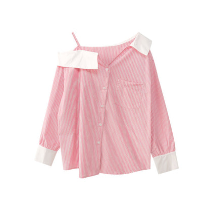 Age-reducing temperament design off-the-shoulder striped shirt