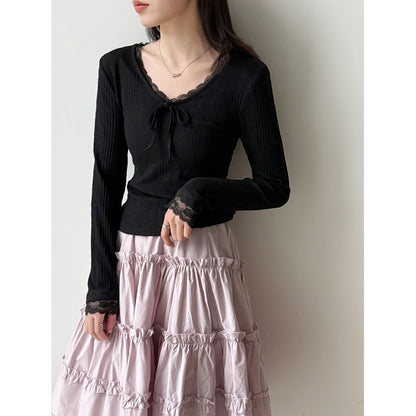 Korean V-neck lace bow long-sleeved T women's early spring new slim-fit bottoming shirt