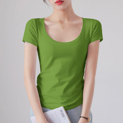 Round Neck Short Sleeve T-Shirt Women Slim Fit Cotton Base Layer Top
