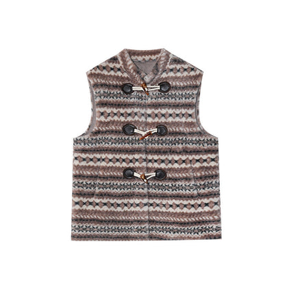 Vintage floral stripes stacked with plush horn buckle vest jacket