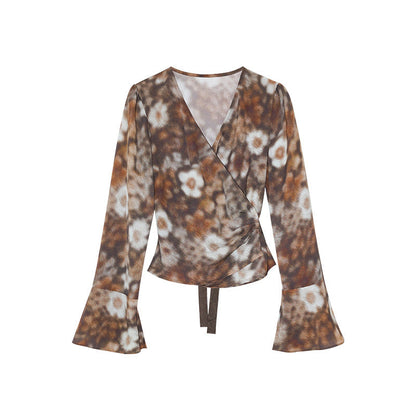 Coffee long-sleeved waist v-neck one-piece shirt