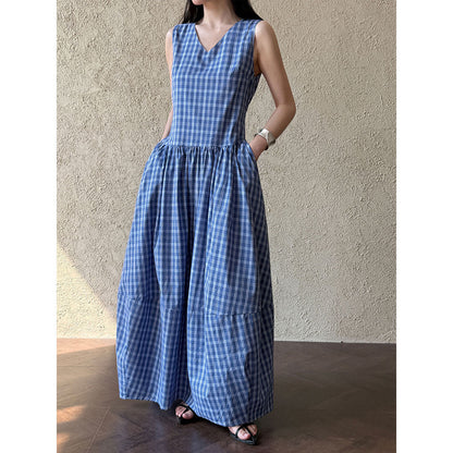 Blue plaid French dress women's spring and summer new V-neck bud vest skirt big swing dress