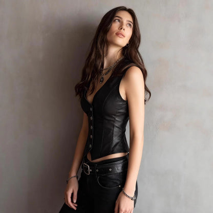 PU Leather V-Neck Vest Top