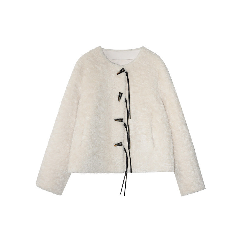 Corner buckle imitation fur pocket fur integrated plush warm jacket