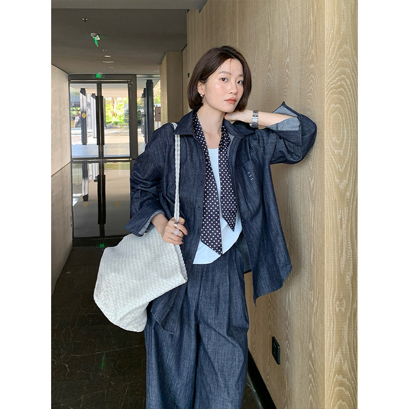 Washed denim shirt + trousers two-piece set