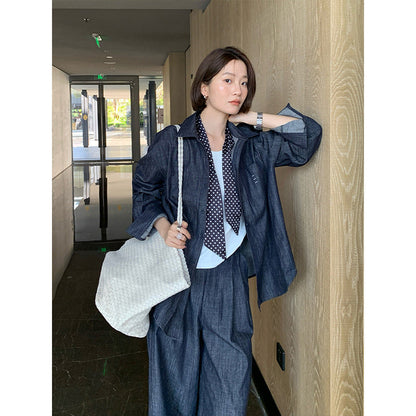 Washed denim shirt + trousers two-piece set