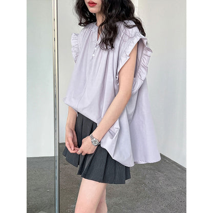 Korean version casual lace lotus leaf sleeve shirt top women's summer new V-neck button pleated short sleeve