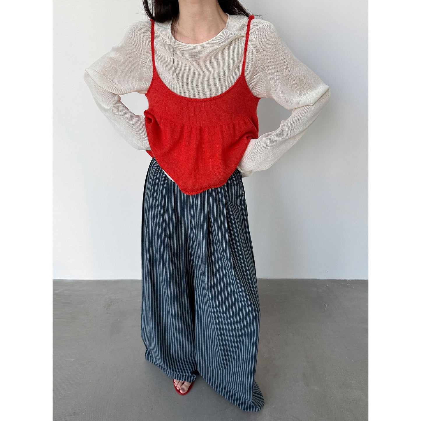Korean vertical striped casual lazy wide-leg trousers women's spring and summer new loose straight-leg trousers