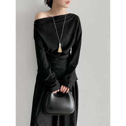 Irregular swing collar dew slanted shoulder top + wide-leg pants two-piece set autumn suede spice girl foreign style set