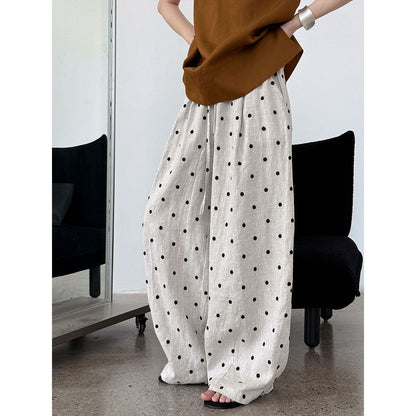 Heavy industry linen~ polka dot embroidery elastic waist thin cotton and linen casual pants women's wide-leg sickle pants