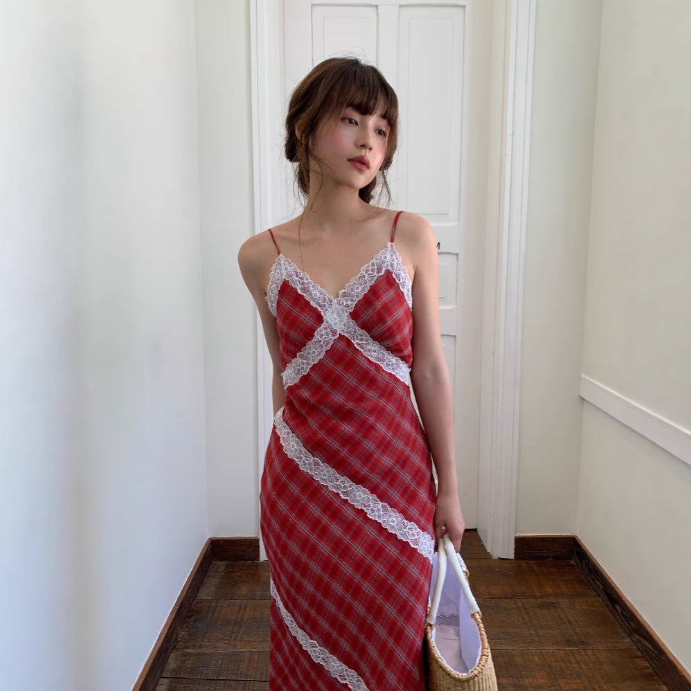 Red checked lace stitching suspender dress