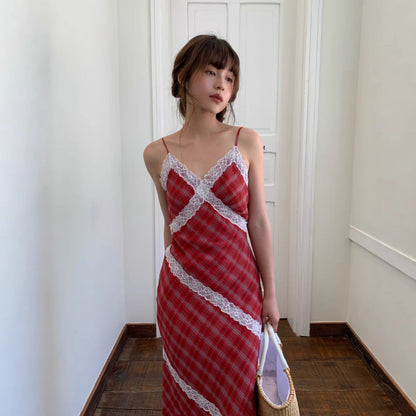 Red checked lace stitching suspender dress