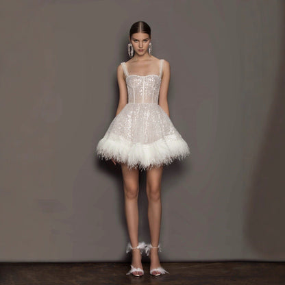 Autumn style dress party imitation feather chest wrap suspender skirt
