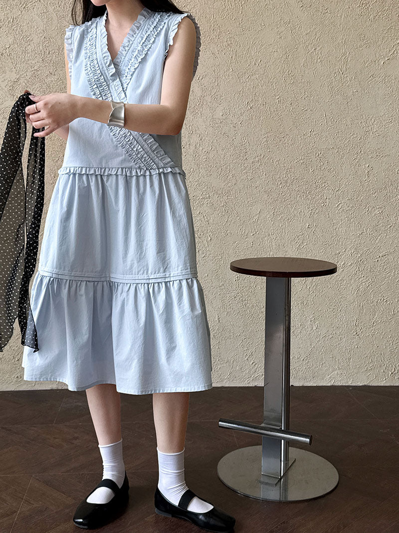 French oblique V-neck ruffle edge dress lace skirt women's spring new small fresh vest skirt