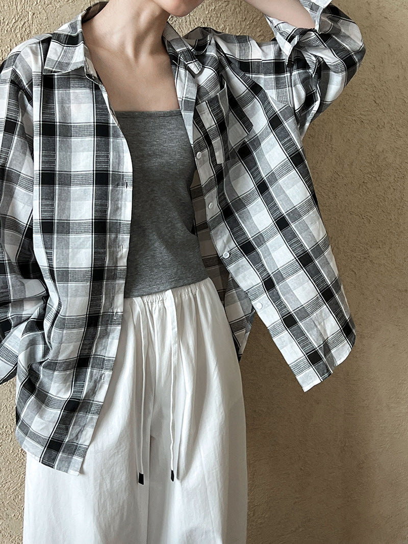 Retro Lazy Plaid Shirt Women's Summer Long Sleeve Loose Trend Fashion Light Sunscreen Shirt