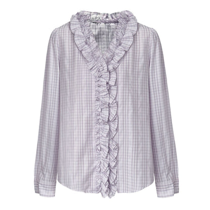 Gentle wind fungus edge V-neck shirt women's spring Korean versatile plaid texture shirt