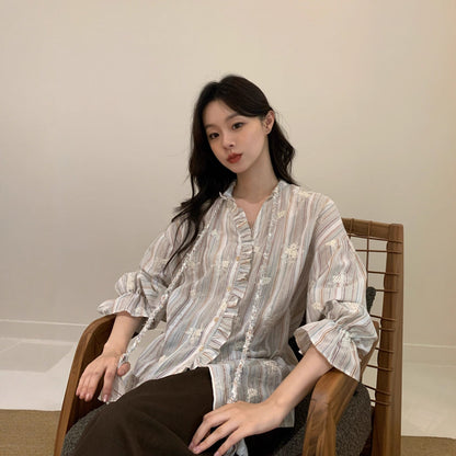 Autumn French retro loose long-sleeved wooden ear edge embroidered striped shirt