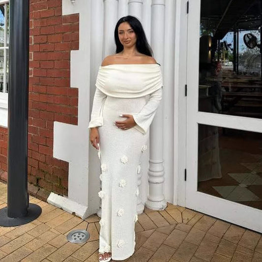 New sexy flower one-word shoulder knitted dress fashionable autumn and winter dress