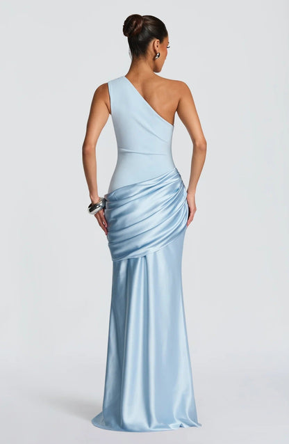 New fashion diagonal collar pleated satin strap hip skirt slim dress women